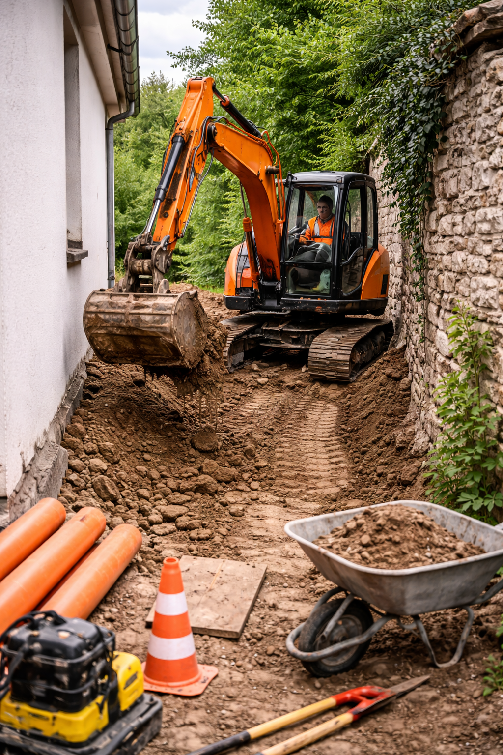 Mini-pelle accès difficile terrassement résidentiel